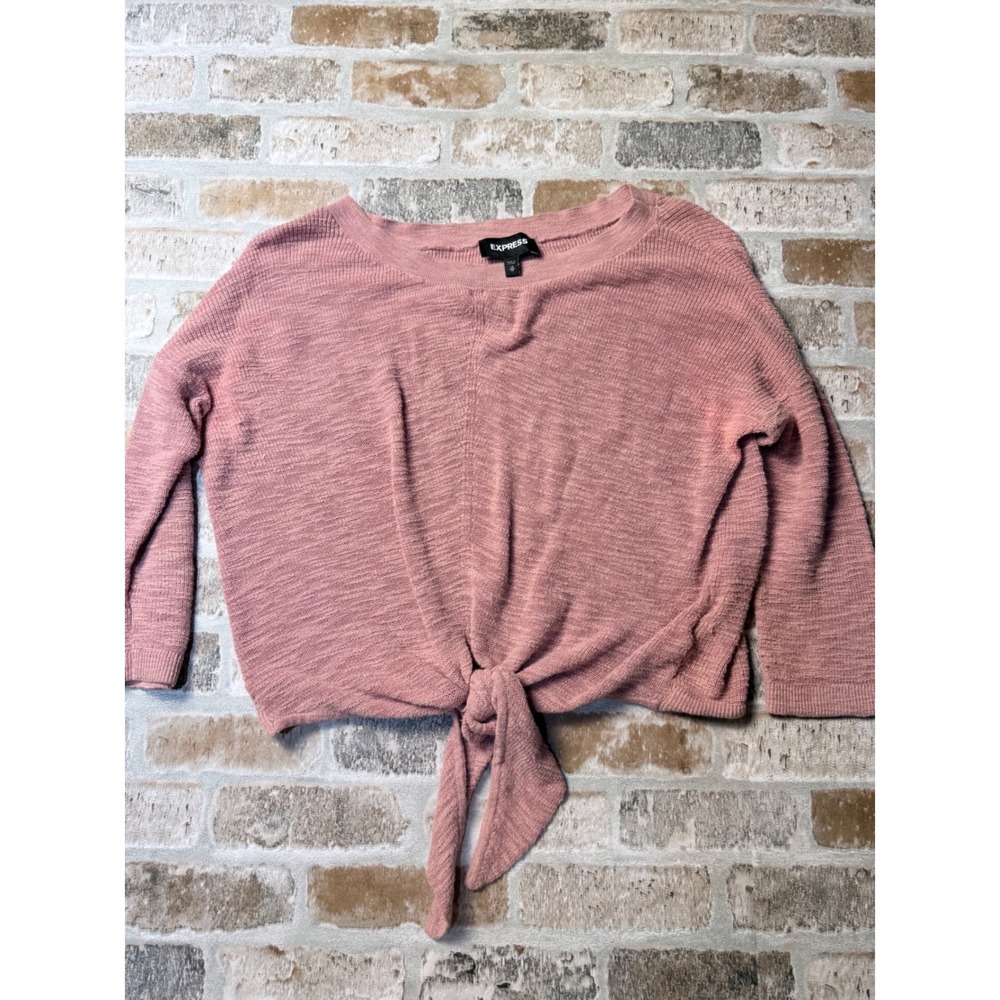 Express Womens Mauve Pink Tie Front Knit Sweater Top XS Slub Textured 3/4 Sleeve